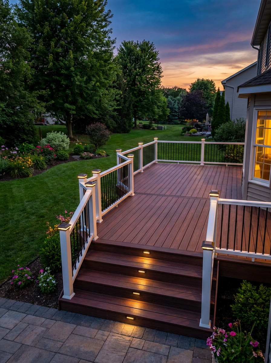Wolf Serenity PVC Deck — Rosewood, Lighted Posts & Stairs